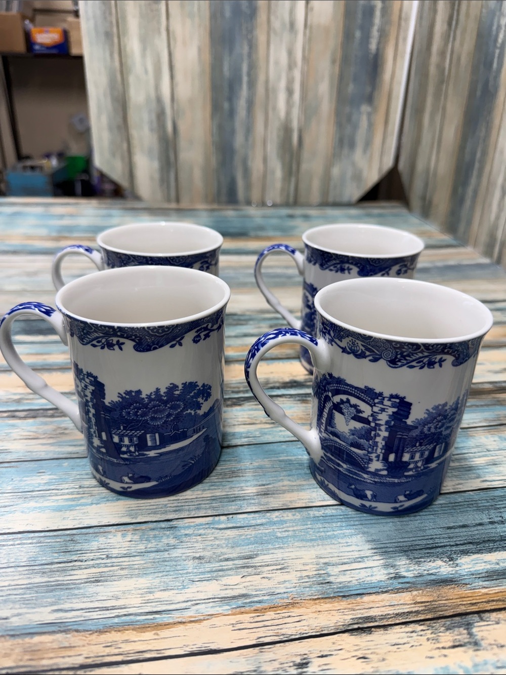⭐️Set of 4 Spode Blue Italian Coffee Mugs Blue White Transferware Earthenware